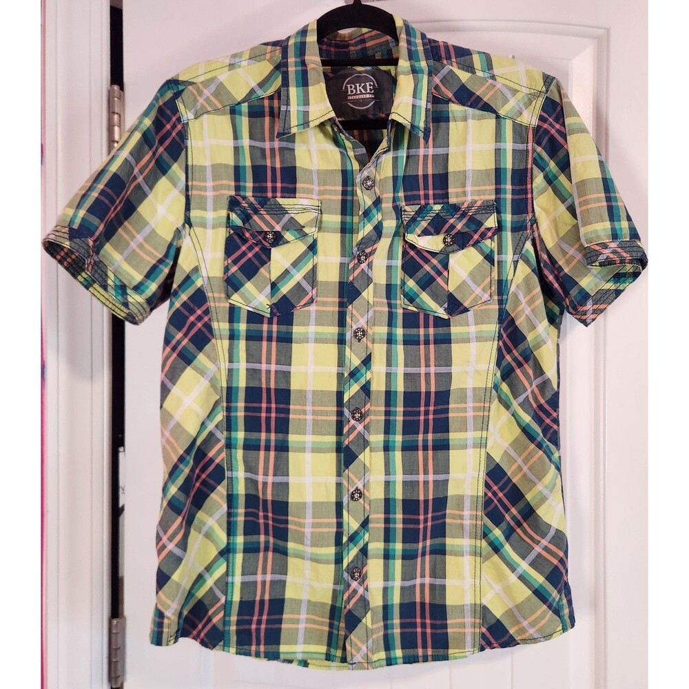 BKE Standard Fit Mens L Plaid Short Sleeve Button Down Shirt 100% Cotton